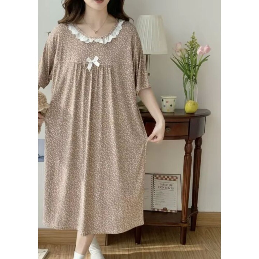 Womens L Brown Ditsy Floral Knit Midi Nightgown Short Sleeve Lace Trim Casual
